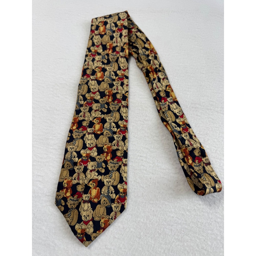 Whimsical Museum Artifacts Mens OS Necktie Navy Teddy Bear Silk Handmade USA